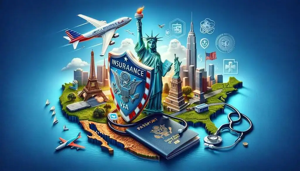 Representación visual de un seguro de viaje para EE.UU., incluyendo símbolos de seguridad, la Estatua de la Libertad, el Puente Golden Gate, y un pasaporte con el sello ESTA